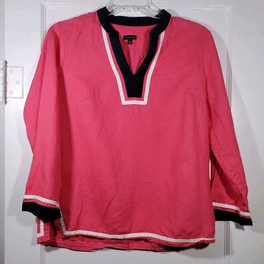 Talbots Pink Linen Tunic Top Sz Medium Coastal Nautical Preppy Americana